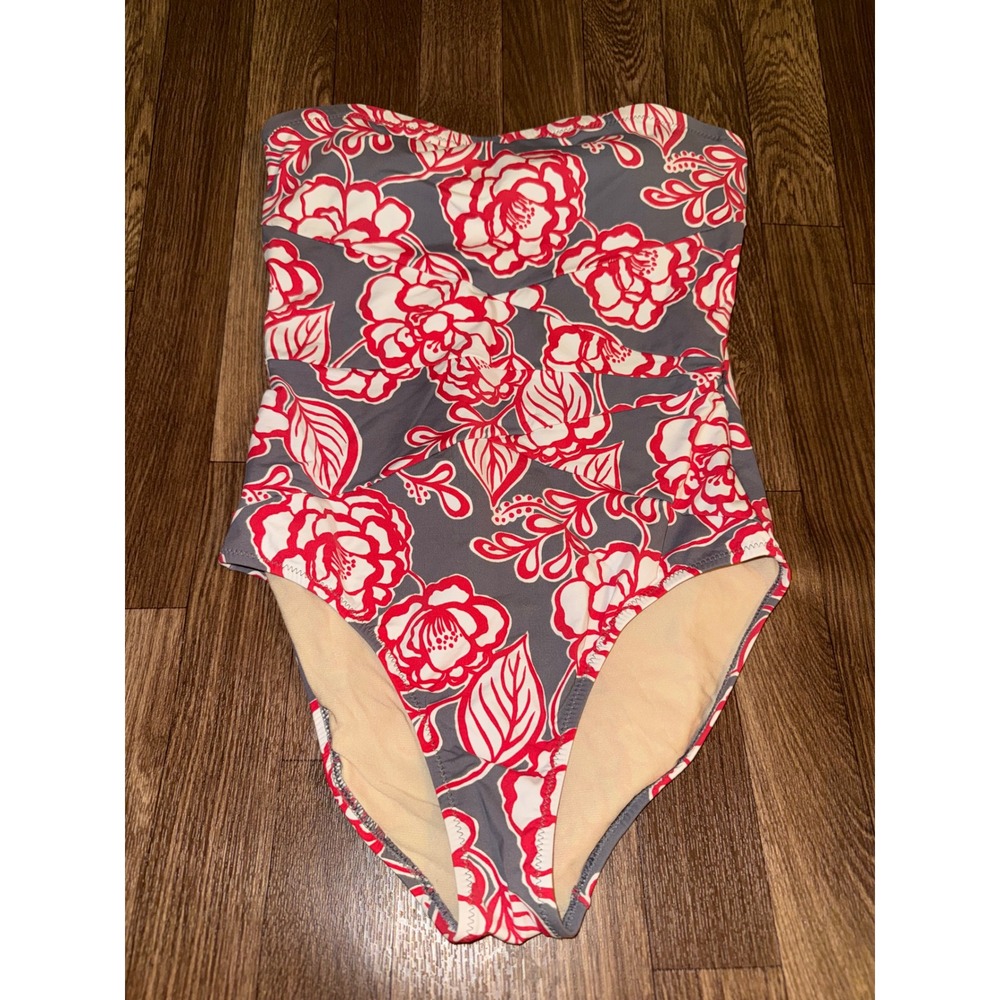 Garnet‎ Hill Womens Floral Bandeau One Piece Swimsuit Grey Red White Size 8